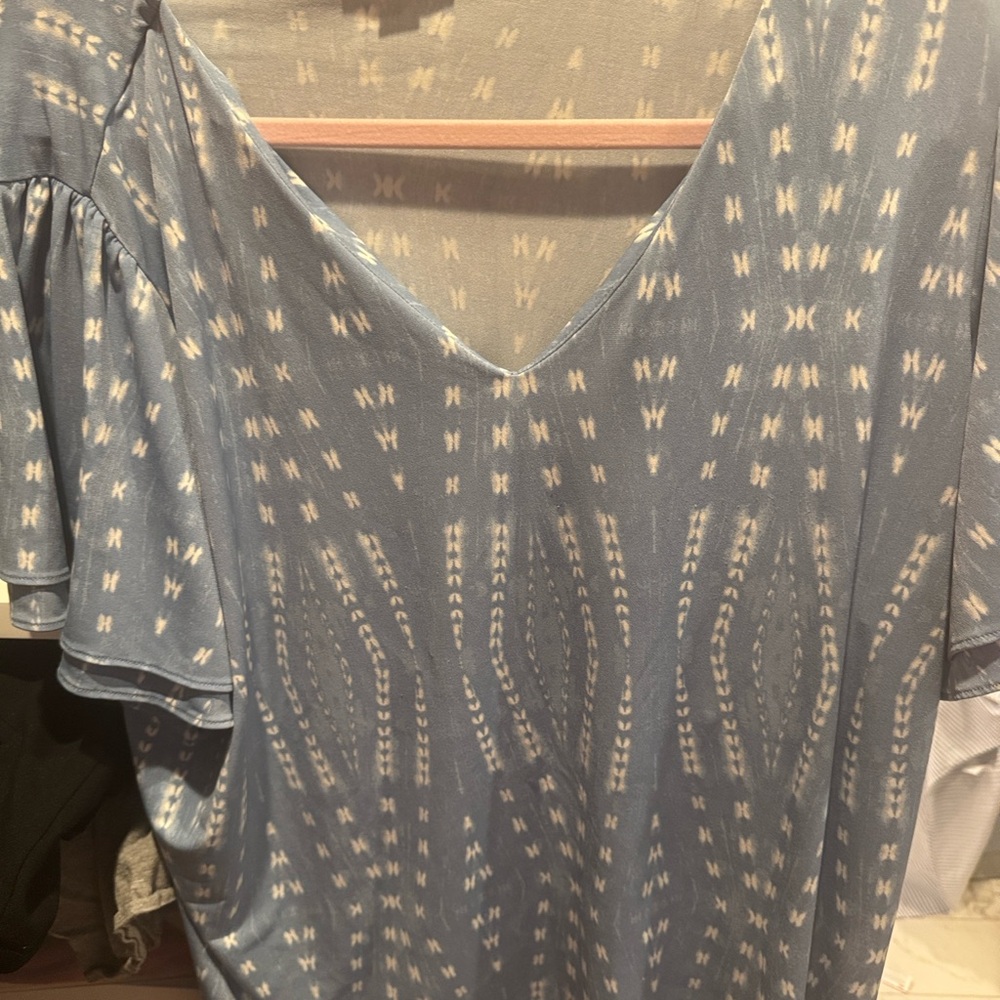 Calvin Klein Ruffled Flutter Sleeve Blue Blouse